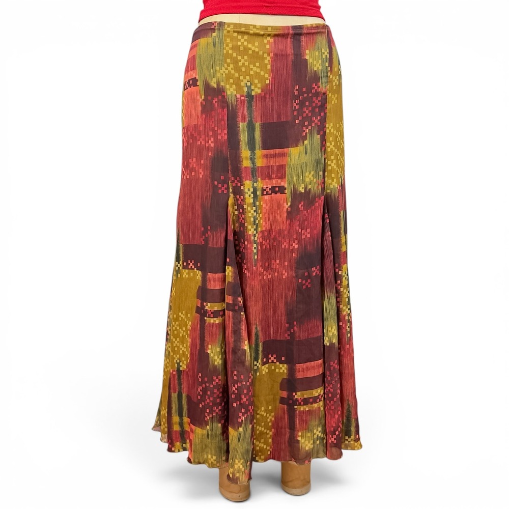 Vintage Boho Patchwork Maxi Skirt Layered Chiffon Crinkle Gauze Earthy Size S M